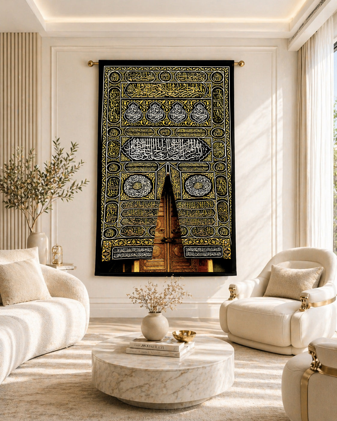 Kaaba Kiswah Tapestry | Sacred Mecca Door Islamic Wall Decor | Large Hanging Textile Print