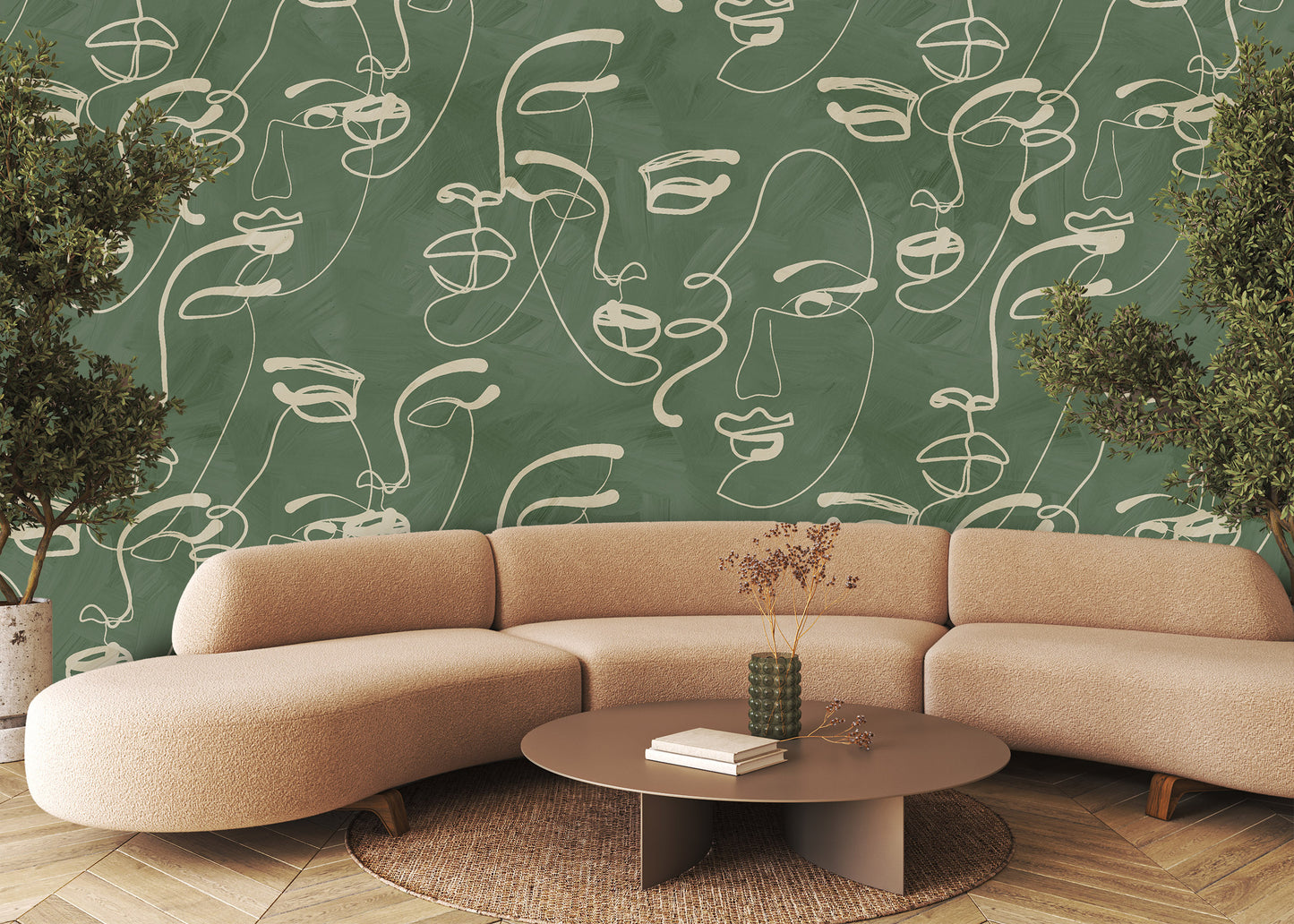 Faces in Harmony Soft Green Wallpaper