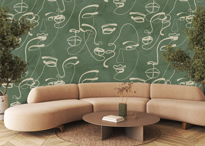 Faces in Harmony Soft Green Wallpaper
