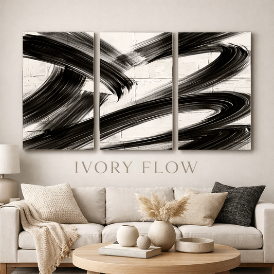 Ivory Flow Triptych Wall Art | Neutral Abstract Set of 3 | Modern Decor, Neutral Black & Beige Abstract