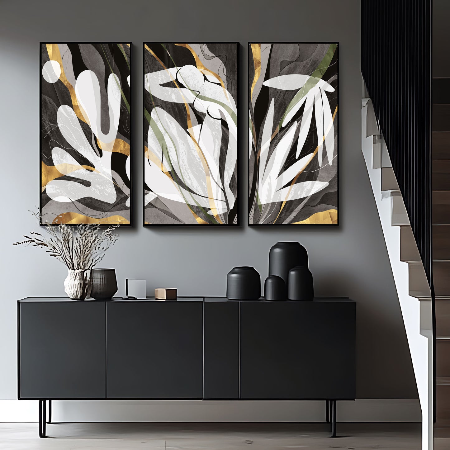Modern Luxe Gold Abstract Neutral Triptych Canvas Wall Art Set of 3