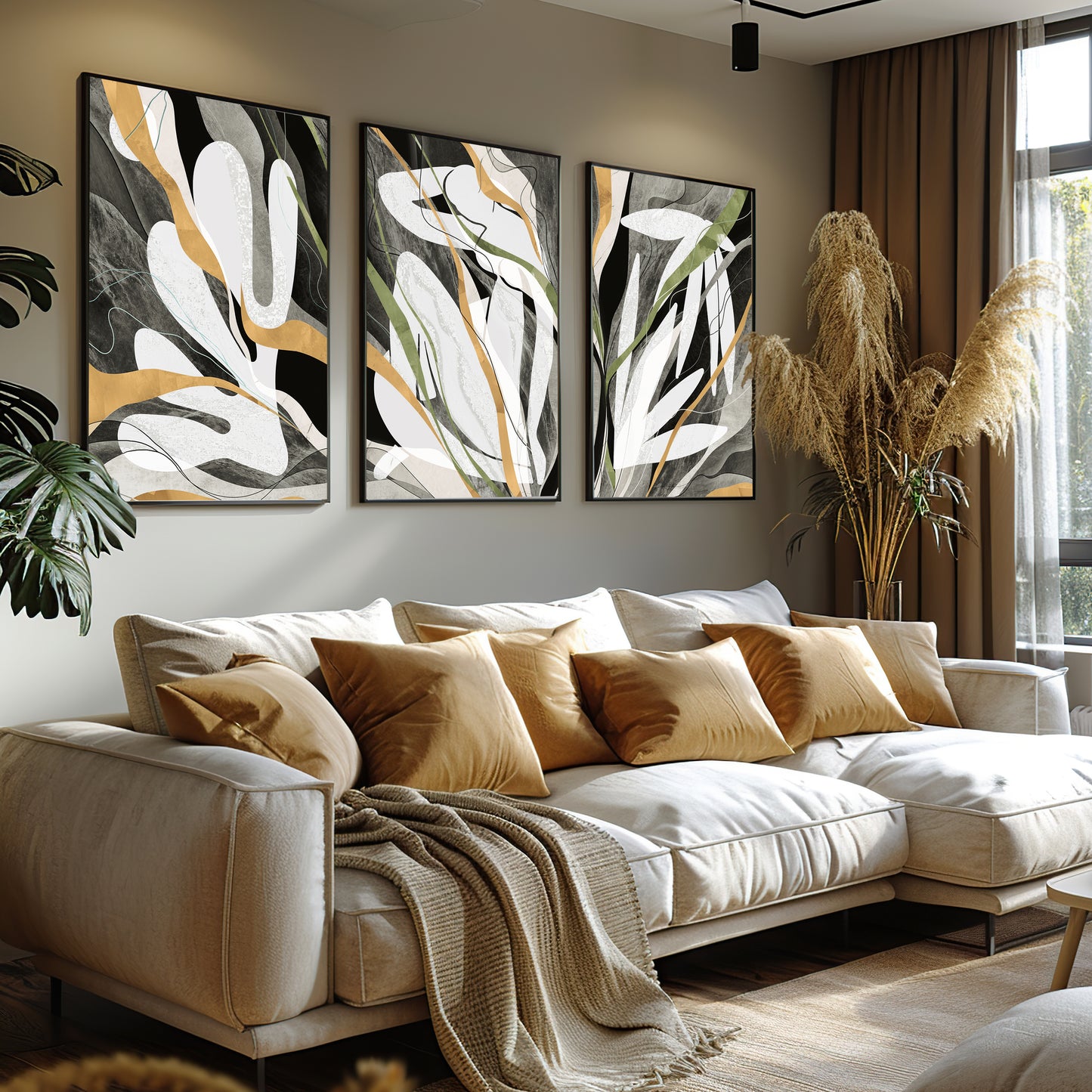 Modern Luxe Gold Abstract Neutral Triptych Canvas Wall Art Set of 3