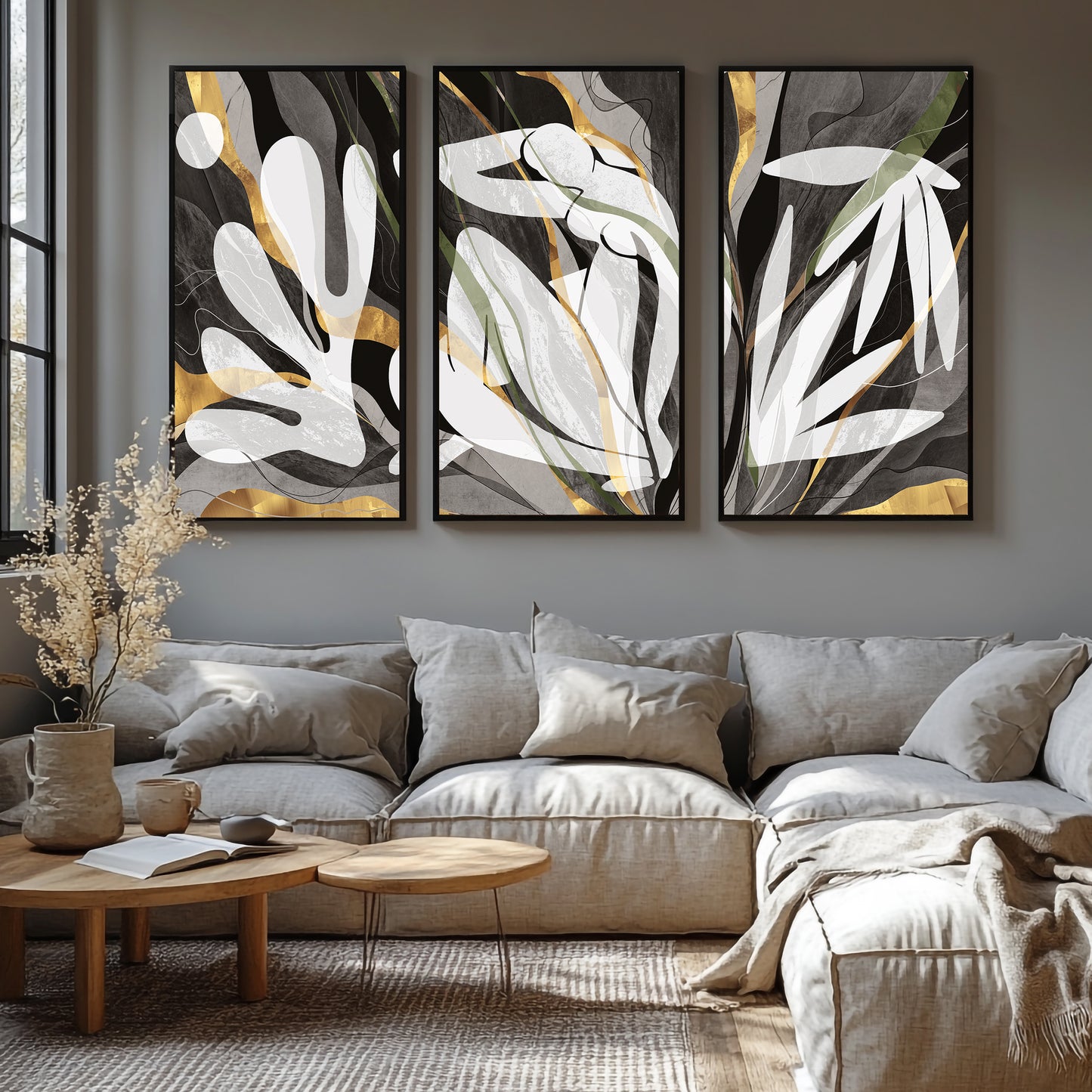 Modern Luxe Gold Abstract Neutral Triptych Canvas Wall Art Set of 3
