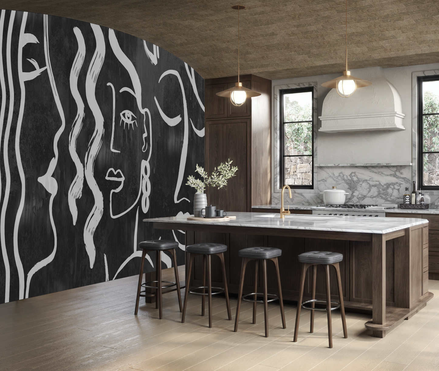 A bold Midnight statement wall | Luxury Abstract Line Art Wallpaper Mural