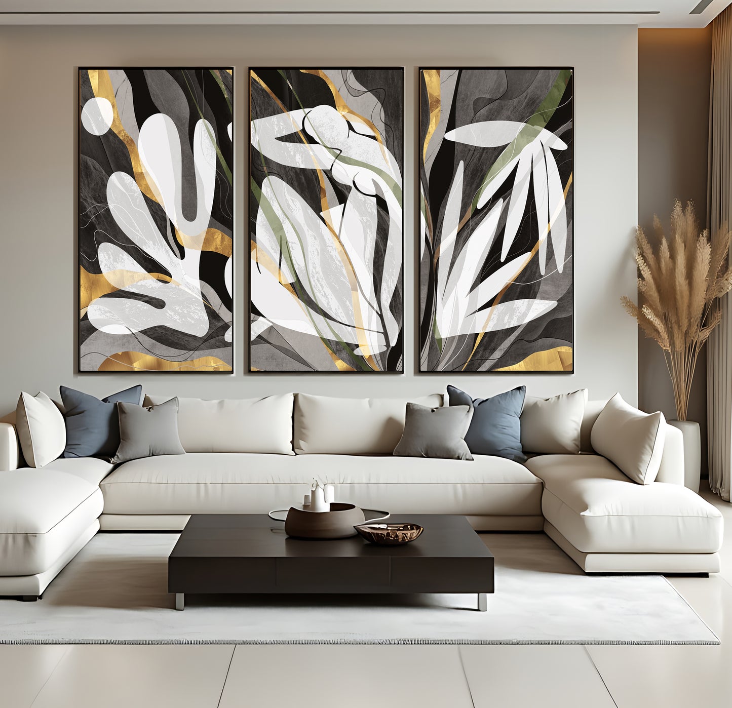 Modern Luxe Gold Abstract Neutral Triptych Canvas Wall Art Set of 3