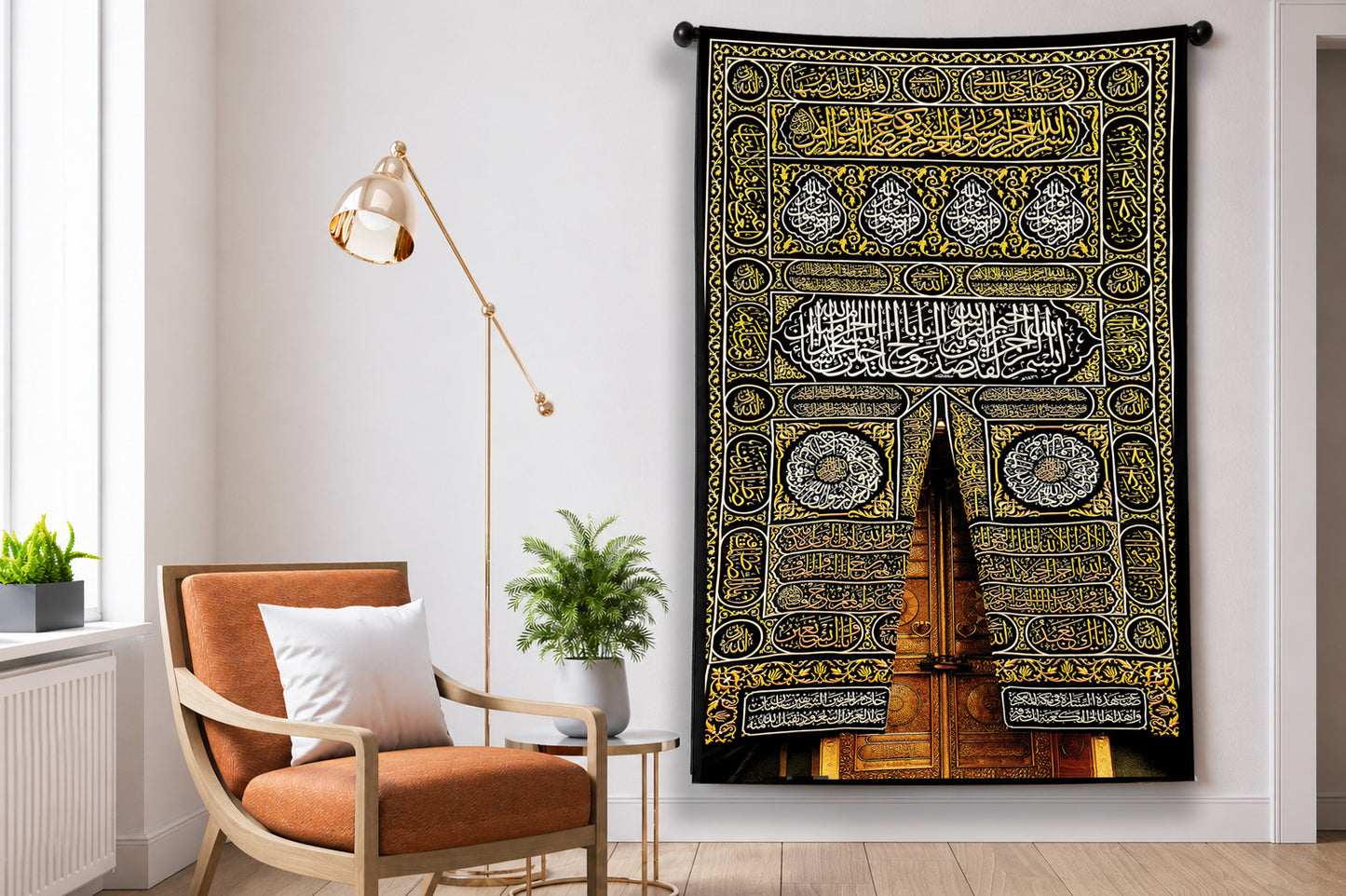 Kaaba Kiswah Tapestry | Sacred Mecca Door Islamic Wall Decor | Large Hanging Textile Print