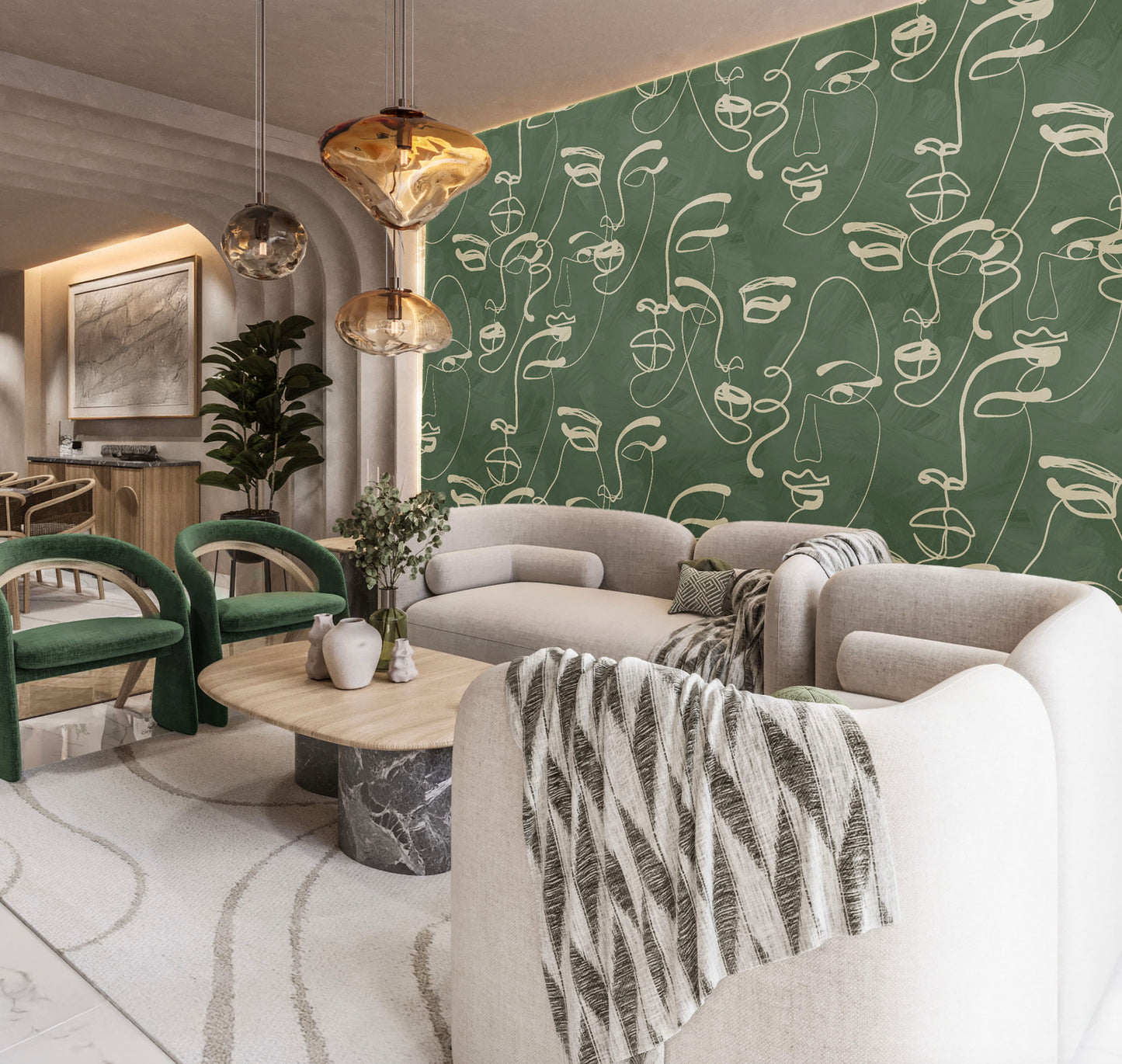Faces in Harmony Soft Green Wallpaper