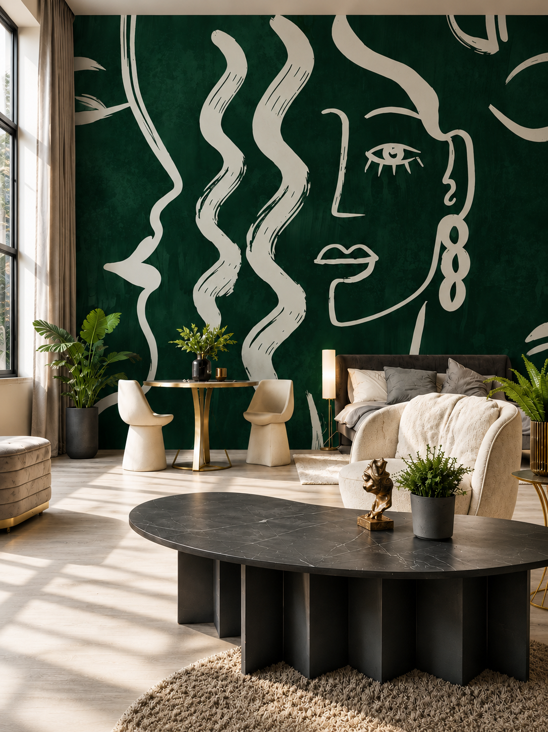 Emerald Muse | Luxury Abstract Line Art Wallpaper Mural