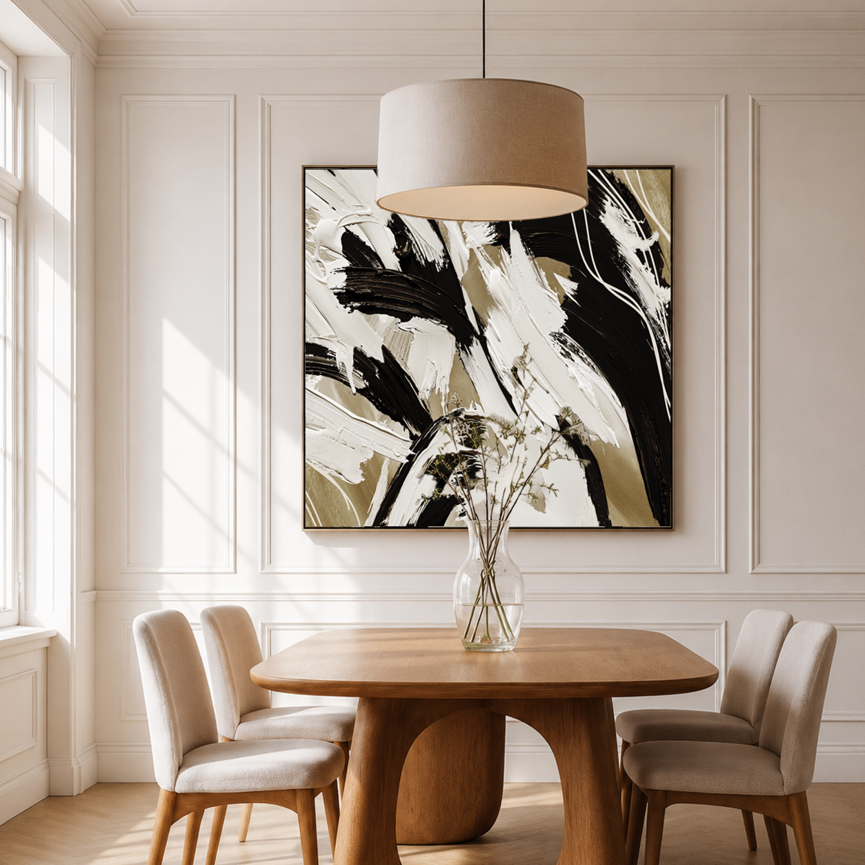 Rhythm in Contrast – Black, Ivory & Taupe Abstract Canvas Wall Art