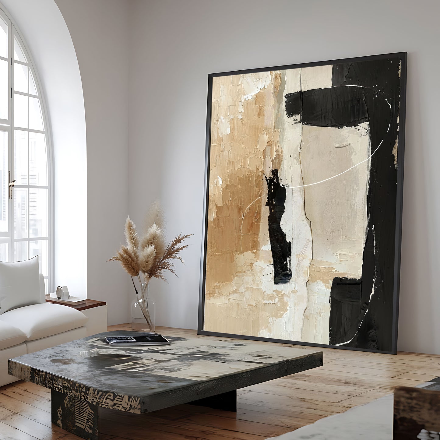 Quiet Contrast – Neutral Black & Beige Abstract Wall Art